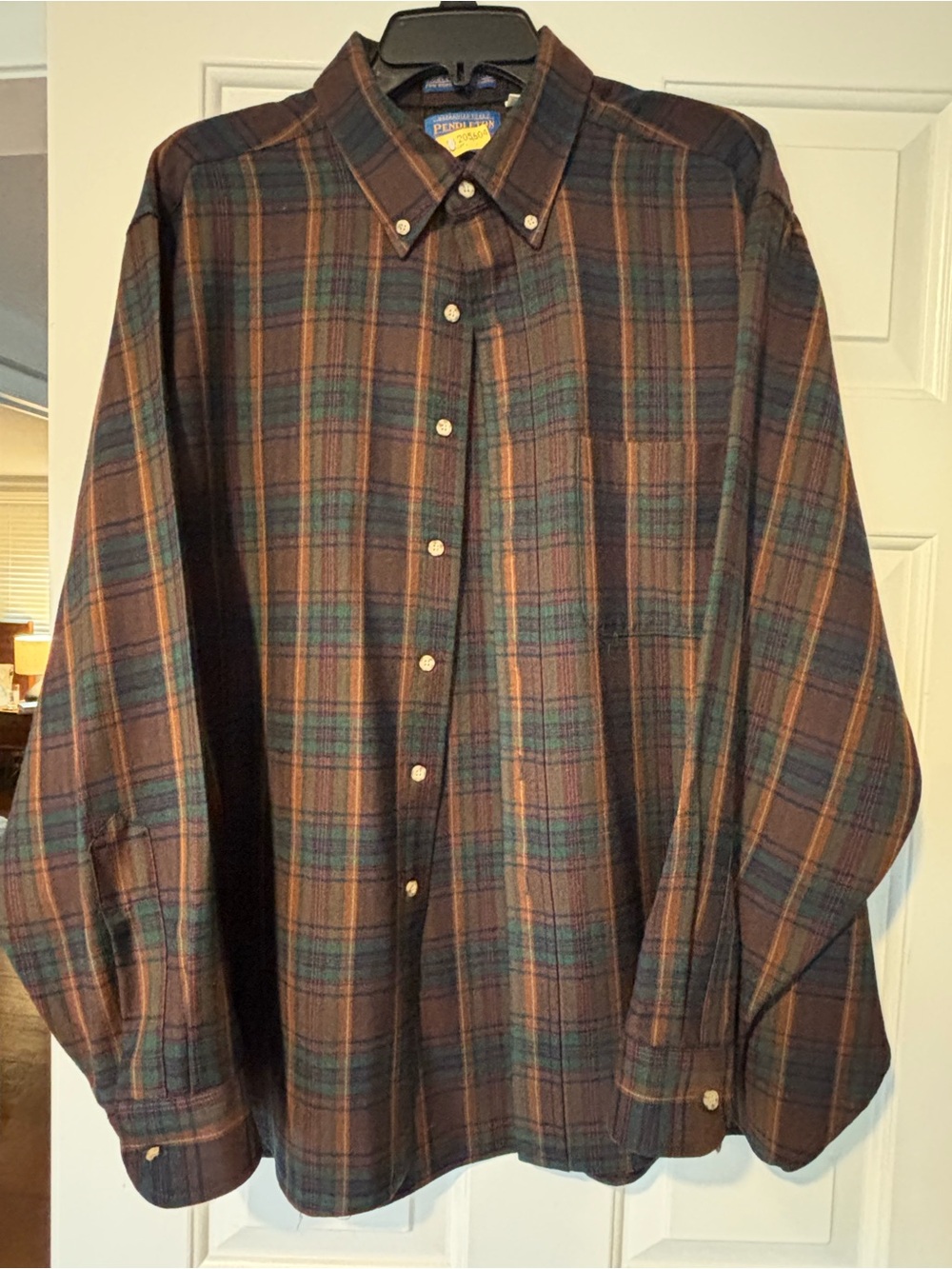 Pendleton 100% Wool Brown, Green and Navy Plaid Button-Down Shirt Size XL